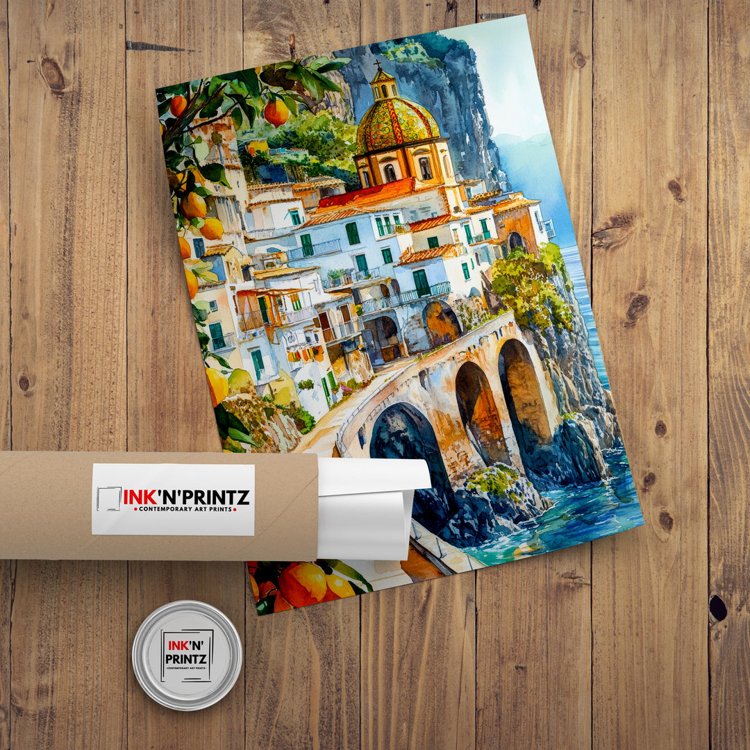 Amalfi Coast Watercolour Painting Poster Italy Wall Art Coastal Landscape Print Gift for Europe Lovers and Fans of Scenic Italian