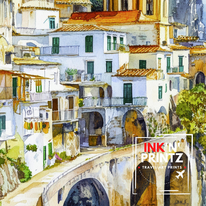 Amalfi Coast Watercolour Painting Poster Italy Wall Art Coastal Landscape Print Gift for Europe Lovers and Fans of Scenic Italian