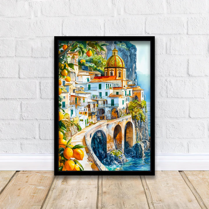 Amalfi Coast Watercolour Painting Poster Italy Wall Art Coastal Landscape Print Gift for Europe Lovers and Fans of Scenic Italian