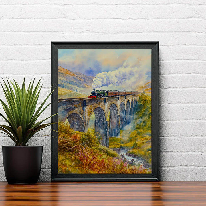Glenfinnan Viaduct Watercolor Painting Poster Scotland Wall Art Landscape Print Gift for UK Travel Lovers and Fans of Scenic Scottish