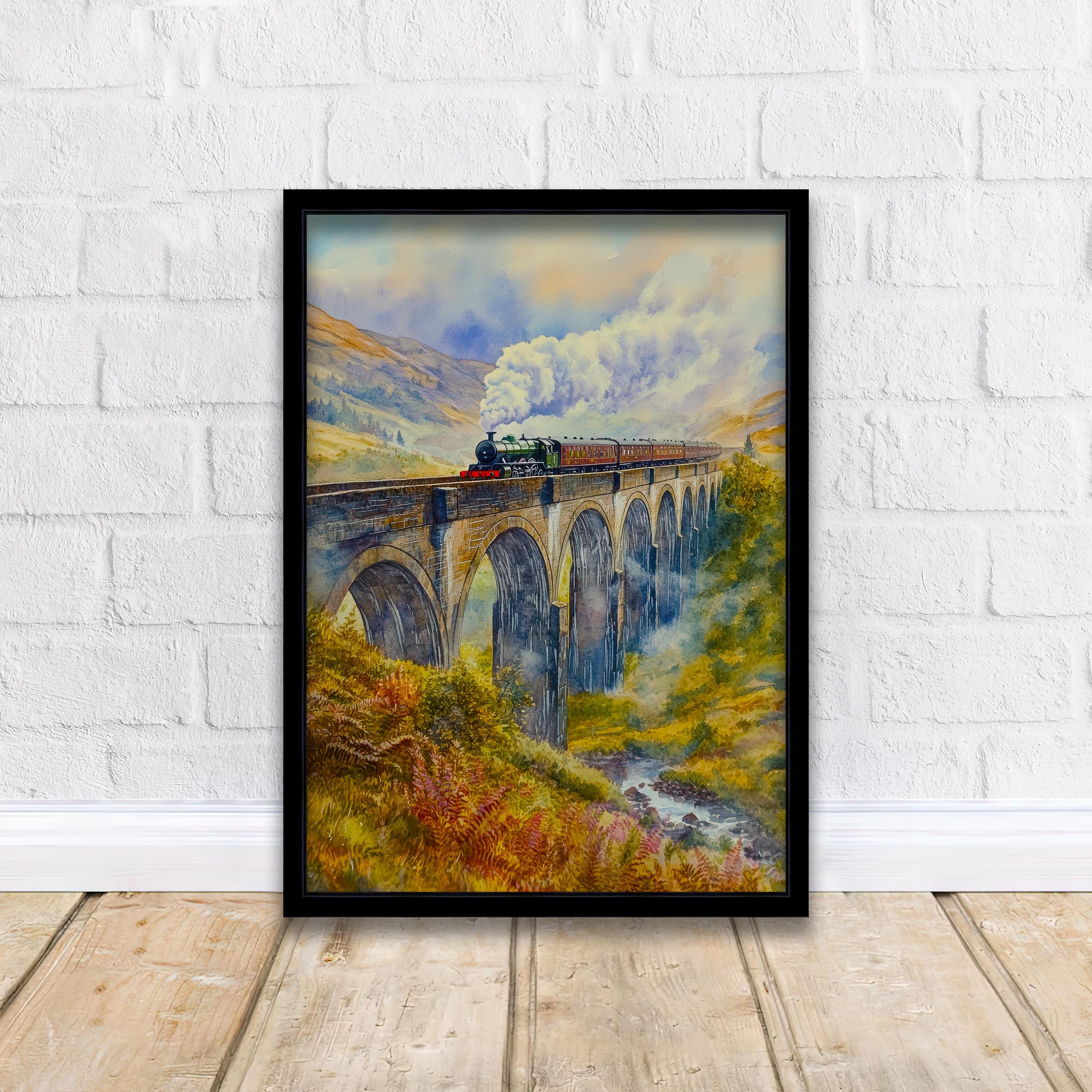 Glenfinnan Viaduct Watercolor Painting Poster Scotland Wall Art Landscape Print Gift for UK Travel Lovers and Fans of Scenic Scottish