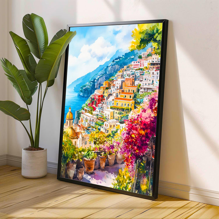 Positano Watercolour Painting Poster Amalfi Coast Italy Wall Art Coastal Village Print Gift for Europe Lovers and Fans of Scenic Italian