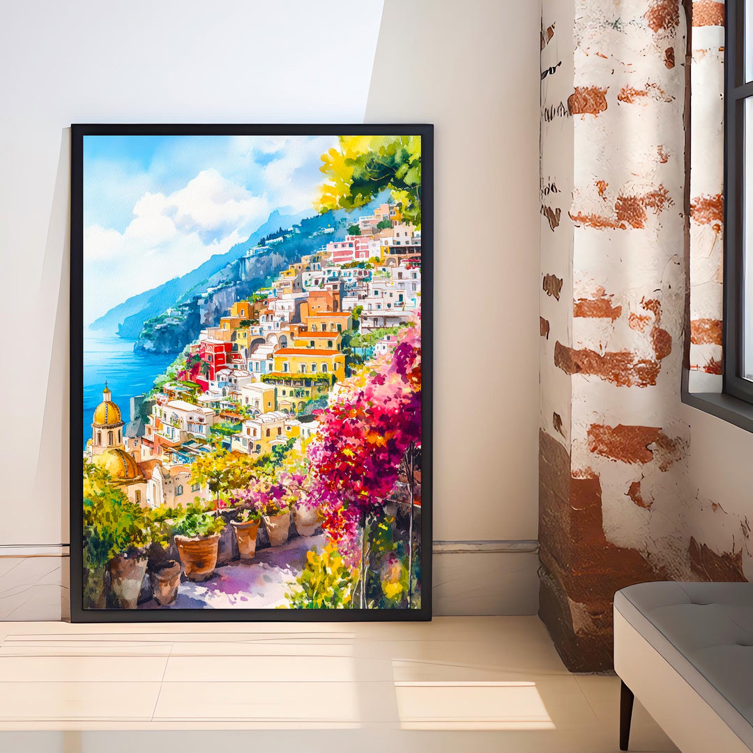 Positano Watercolour Painting Poster Amalfi Coast Italy Wall Art Coastal Village Print Gift for Europe Lovers and Fans of Scenic Italian