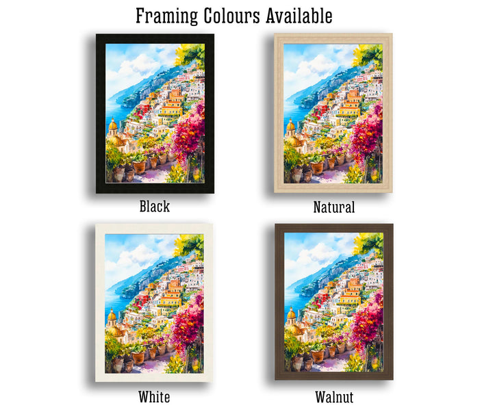 Positano Watercolour Painting Poster Amalfi Coast Italy Wall Art Coastal Village Print Gift for Europe Lovers and Fans of Scenic Italian