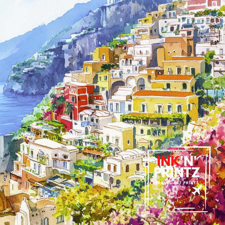 Positano Watercolour Painting Poster Amalfi Coast Italy Wall Art Coastal Village Print Gift for Europe Lovers and Fans of Scenic Italian