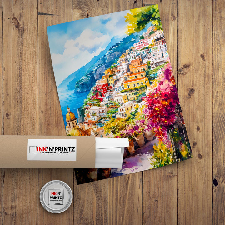 Positano Watercolour Painting Poster Amalfi Coast Italy Wall Art Coastal Village Print Gift for Europe Lovers and Fans of Scenic Italian