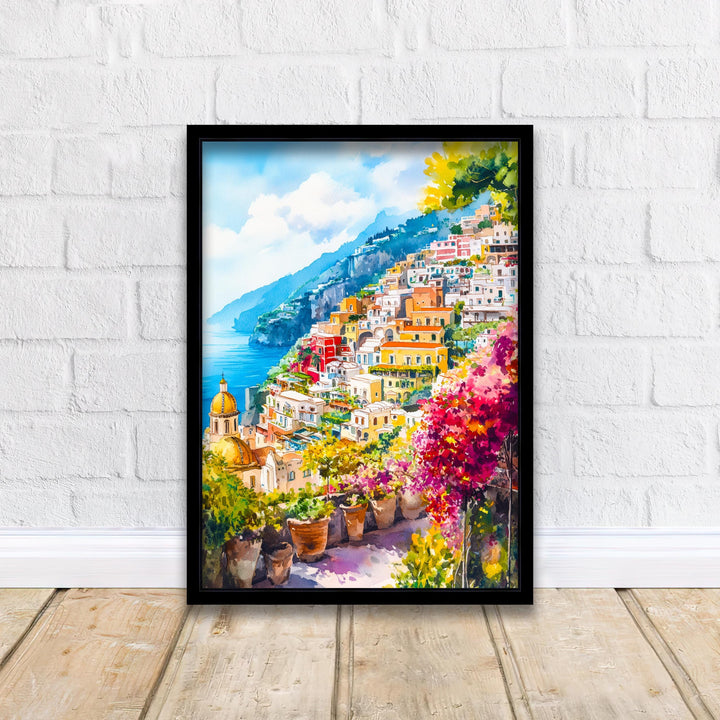 Positano Watercolour Painting Poster Amalfi Coast Italy Wall Art Coastal Village Print Gift for Europe Lovers and Fans of Scenic Italian