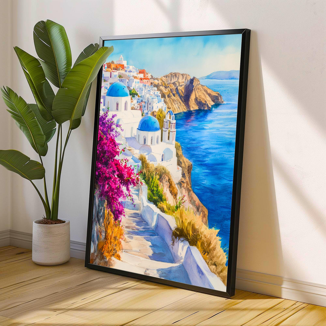 Santorini Watercolour Painting Poster Greece Wall Art Coastal Island Scene Print Gift for Europe Lovers and Fans of Scenic Greek