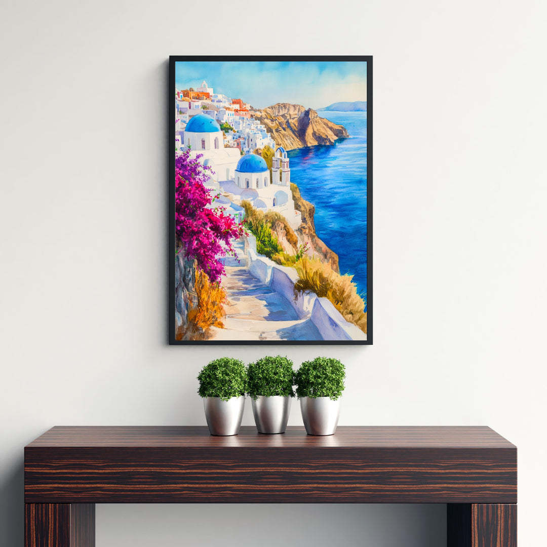 Santorini Watercolour Painting Poster Greece Wall Art Coastal Island Scene Print Gift for Europe Lovers and Fans of Scenic Greek