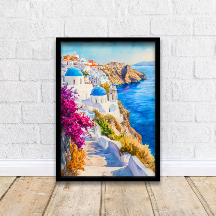 Santorini Watercolour Painting Poster Greece Wall Art Coastal Island Scene Print Gift for Europe Lovers and Fans of Scenic Greek