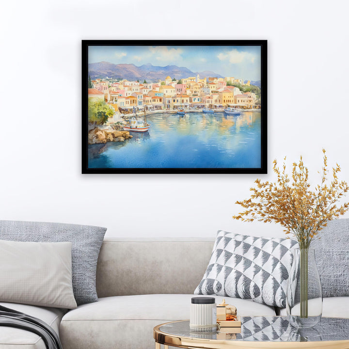 Agios Watercolour Painting Poster Crete Greece Wall Art Coastal Village Scene Print Gift for Europe Lovers and Fans of Scenic Greek Island