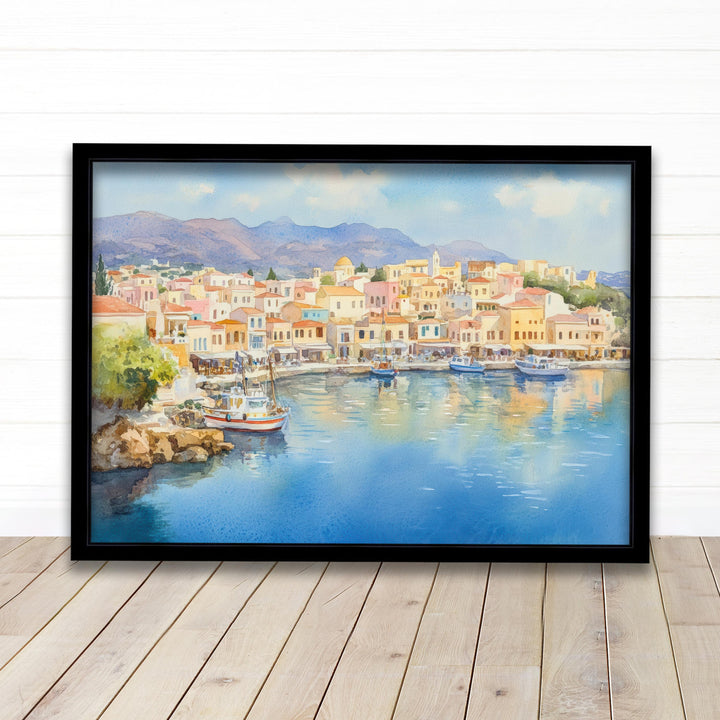 Agios Watercolour Painting Poster Crete Greece Wall Art Coastal Village Scene Print Gift for Europe Lovers and Fans of Scenic Greek Island