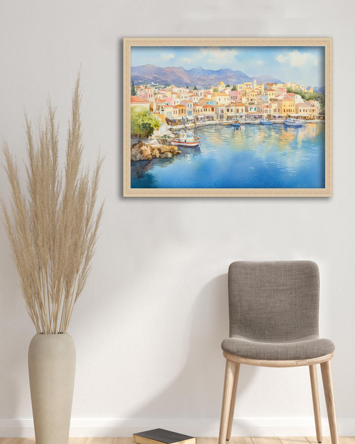 Agios Watercolour Painting Poster Crete Greece Wall Art Coastal Village Scene Print Gift for Europe Lovers and Fans of Scenic Greek Island