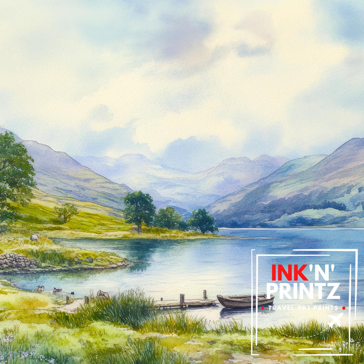 Lake District Watercolor Painting Poster England Wall Art Countryside Landscape Print Gift for UK Travel Lovers and Fans of Scenic British
