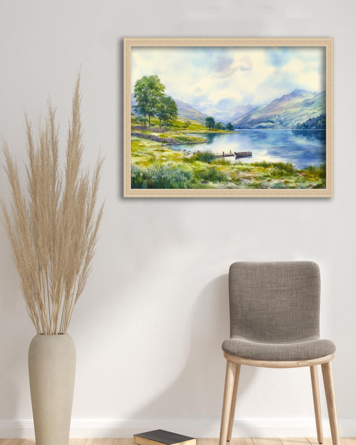 Lake District Watercolor Painting Poster England Wall Art Countryside Landscape Print Gift for UK Travel Lovers and Fans of Scenic British