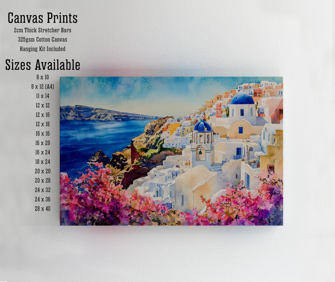 Santorini Watercolour Painting Poster Greece Wall Art Coastal Island Scene Print Gift for Europe Lovers and Fans of Scenic Greek