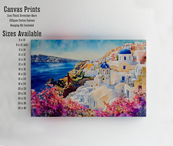 Santorini Watercolour Painting Poster Greece Wall Art Coastal Island Scene Print Gift for Europe Lovers and Fans of Scenic Greek