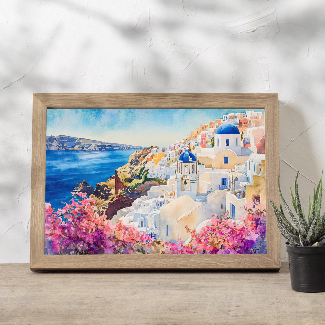 Santorini Watercolour Painting Poster Greece Wall Art Coastal Island Scene Print Gift for Europe Lovers and Fans of Scenic Greek