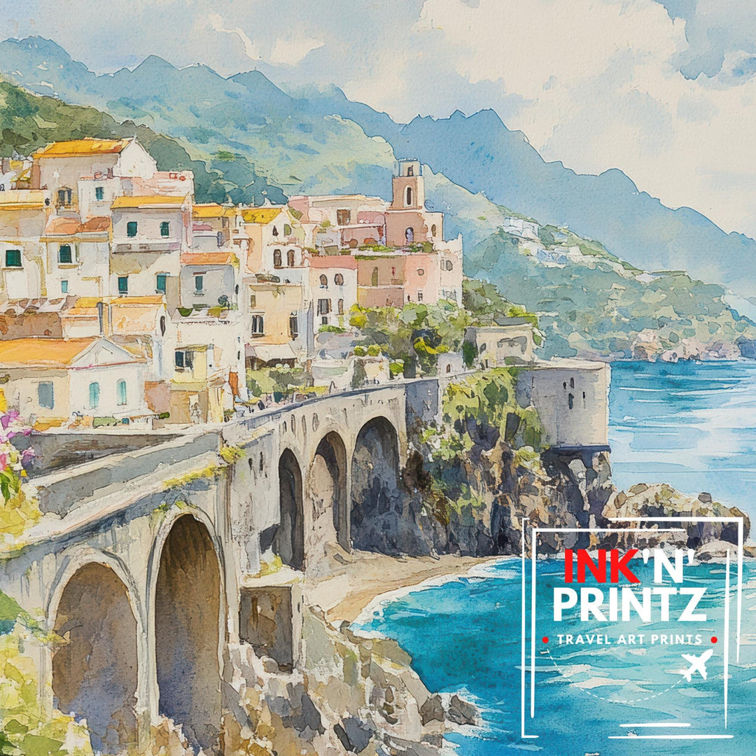 Amalfi Coast Watercolour Painting Poster Italy Wall Art Coastal Village Print Gift for Europe Lovers and Fans of Scenic Italian