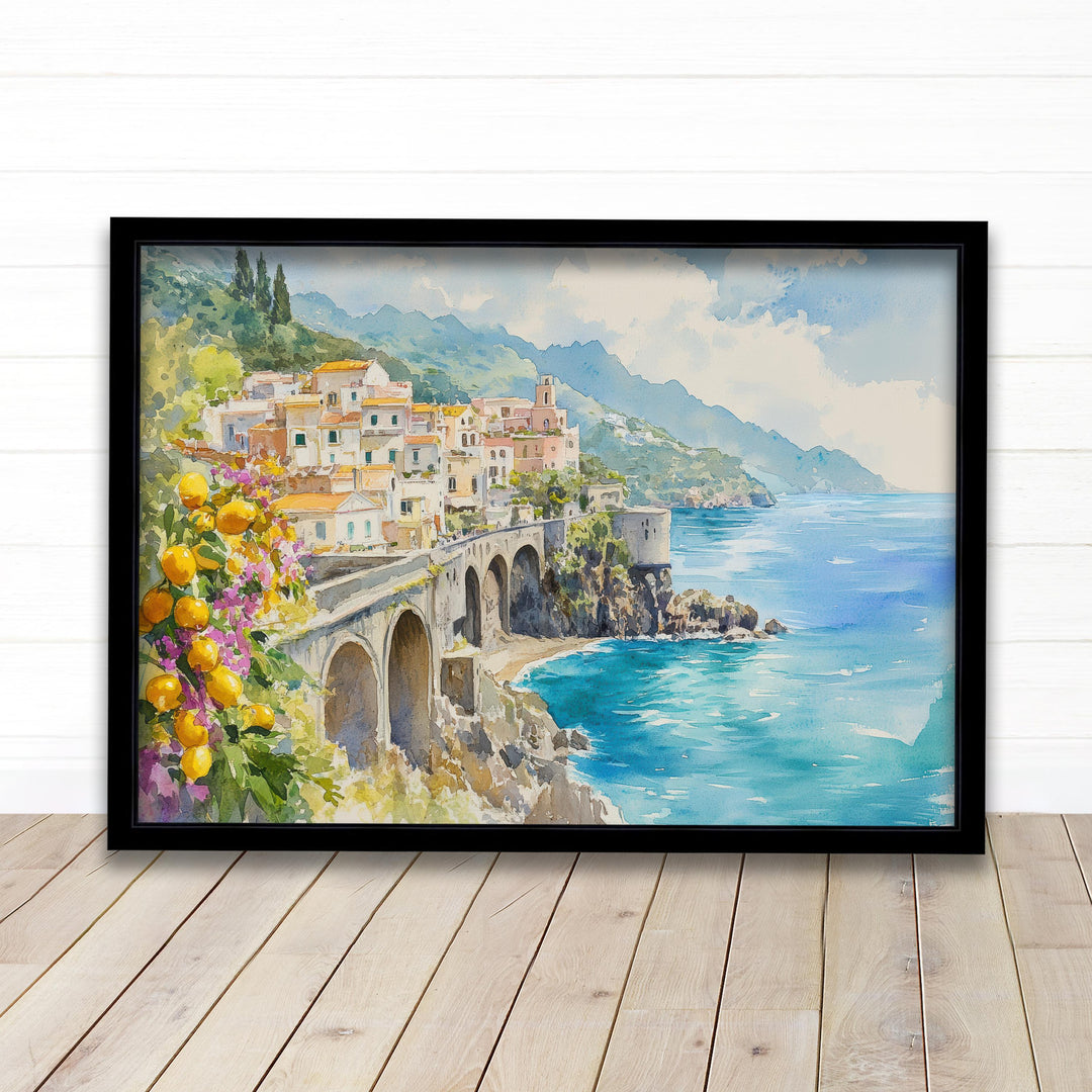 Amalfi Coast Watercolour Painting Poster Italy Wall Art Coastal Village Print Gift for Europe Lovers and Fans of Scenic Italian