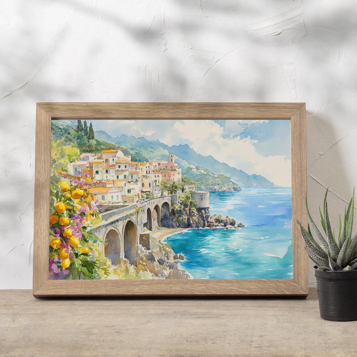 Amalfi Coast Watercolour Painting Poster Italy Wall Art Coastal Village Print Gift for Europe Lovers and Fans of Scenic Italian