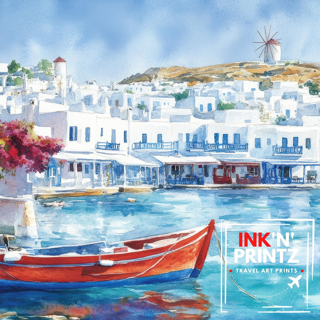 Mykonos Watercolor Painting Poster Greece Wall Art Coastal Island Scene Print Gift for Europe Lovers and Fans of Scenic Greek Mediterranean