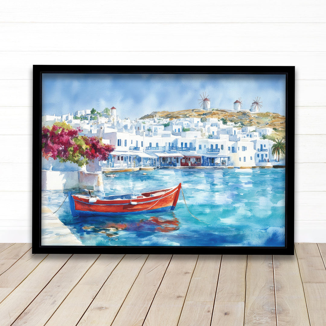 Mykonos Watercolor Painting Poster Greece Wall Art Coastal Island Scene Print Gift for Europe Lovers and Fans of Scenic Greek Mediterranean
