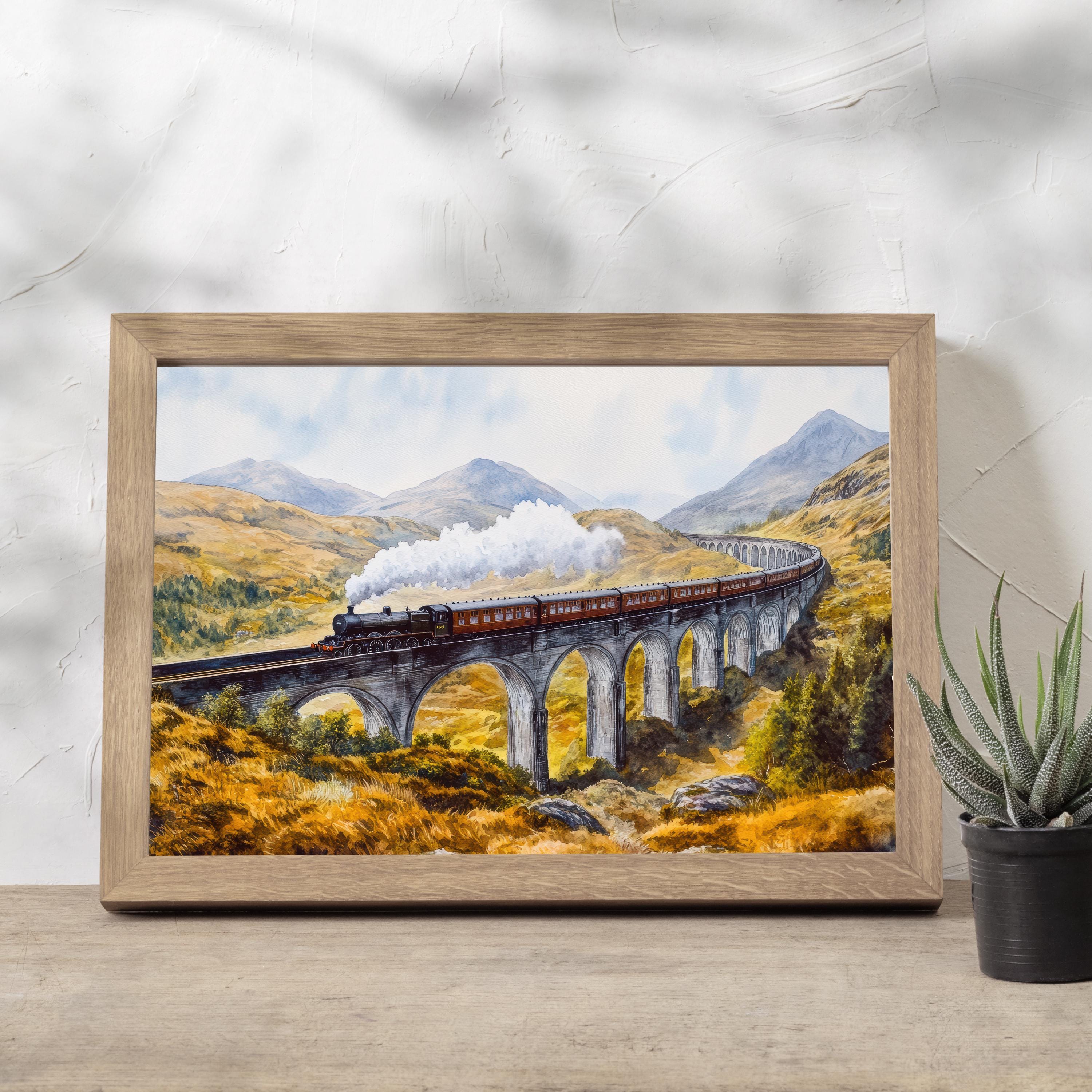 Glenfinnan Viaduct Watercolor Painting Poster Scotland Wall Art Mountain Landscape Print Gift for UK Travel Lovers and Fans of Scenic