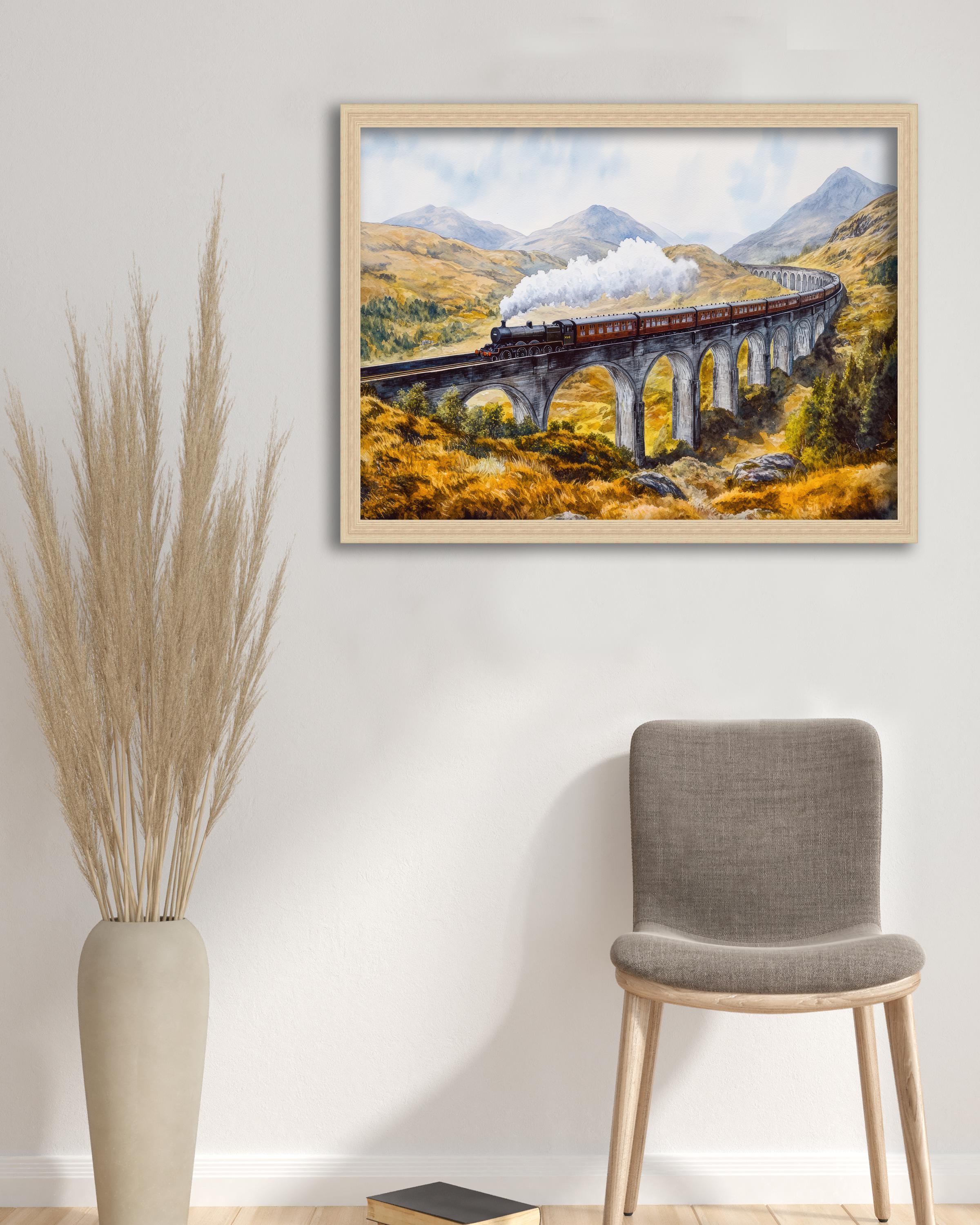 Glenfinnan Viaduct Watercolor Painting Poster Scotland Wall Art Mountain Landscape Print Gift for UK Travel Lovers and Fans of Scenic