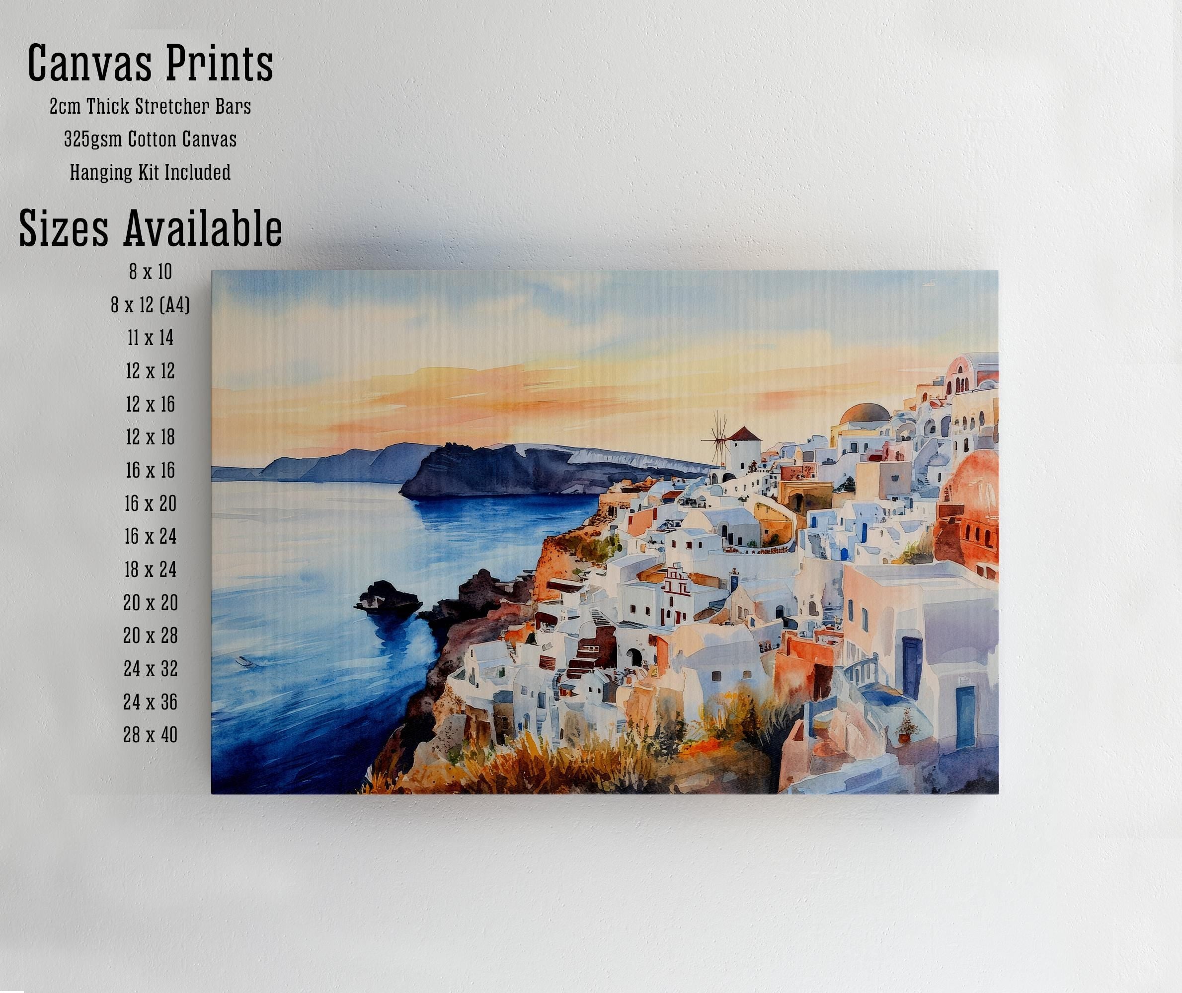 Santorini Watercolour Painting Poster Greece Wall Art Coastal Island Scene Print Gift for Europe Lovers and Fans of Scenic Greek