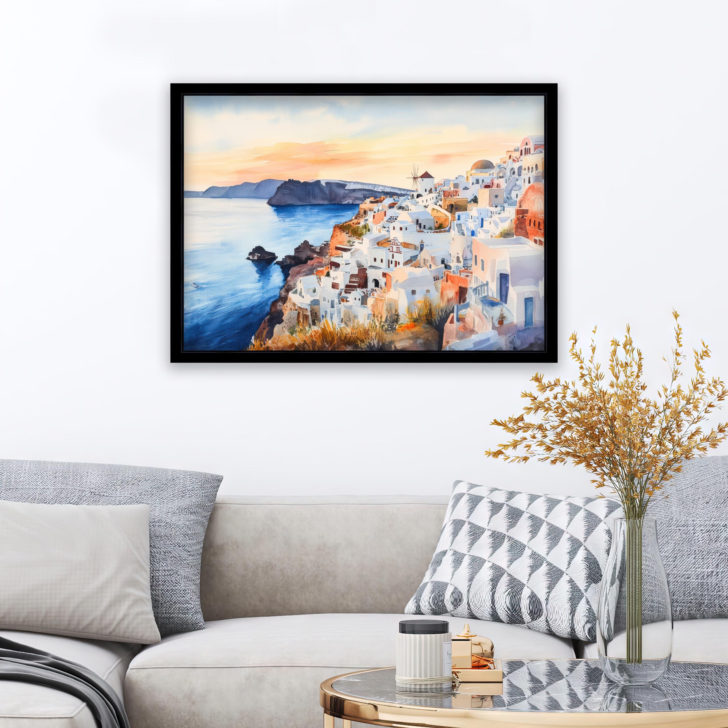 Santorini Watercolour Painting Poster Greece Wall Art Coastal Island Scene Print Gift for Europe Lovers and Fans of Scenic Greek