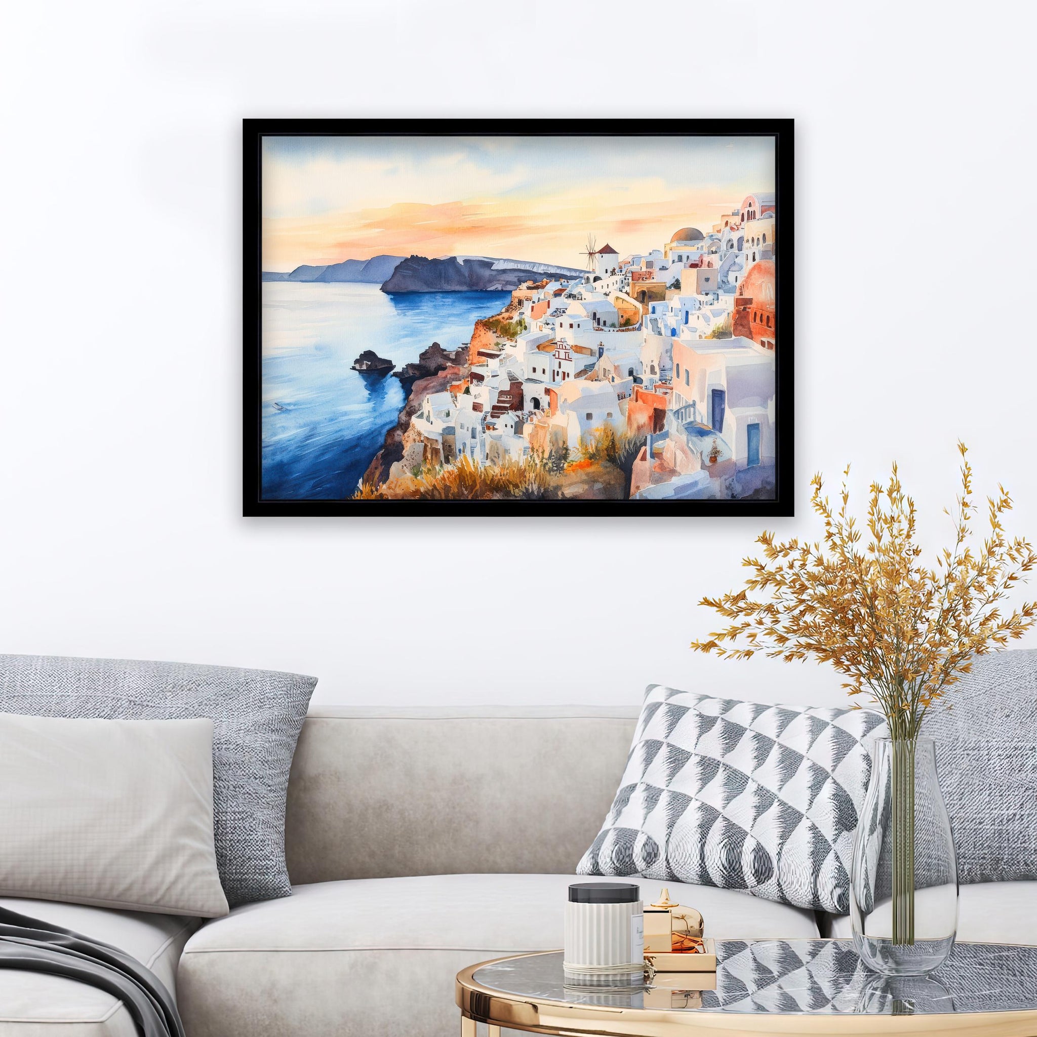 Santorini Watercolour Painting Poster Greece Wall Art Coastal Island Scene Print Gift for Europe Lovers and Fans of Scenic Greek