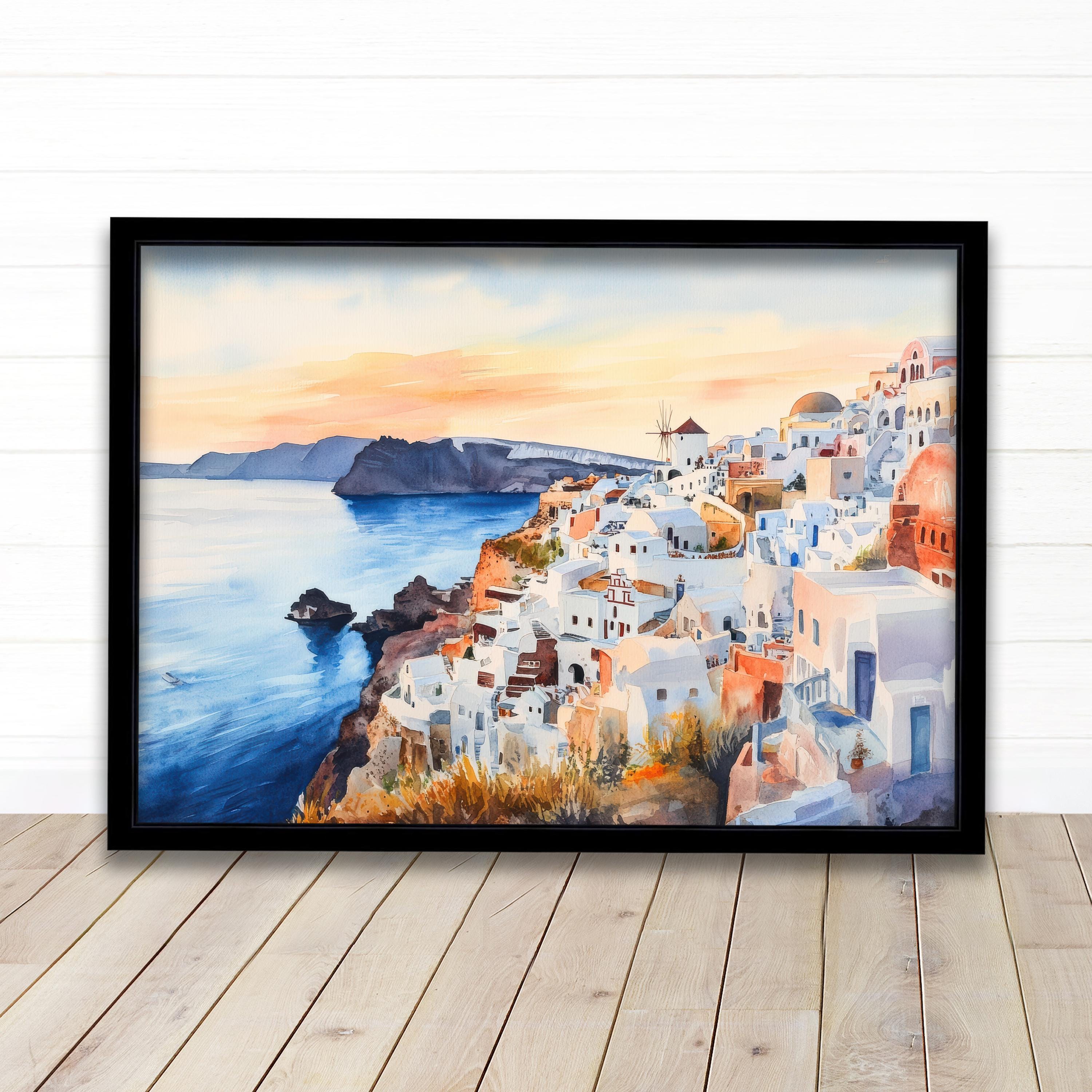Santorini Watercolour Painting Poster Greece Wall Art Coastal Island Scene Print Gift for Europe Lovers and Fans of Scenic Greek
