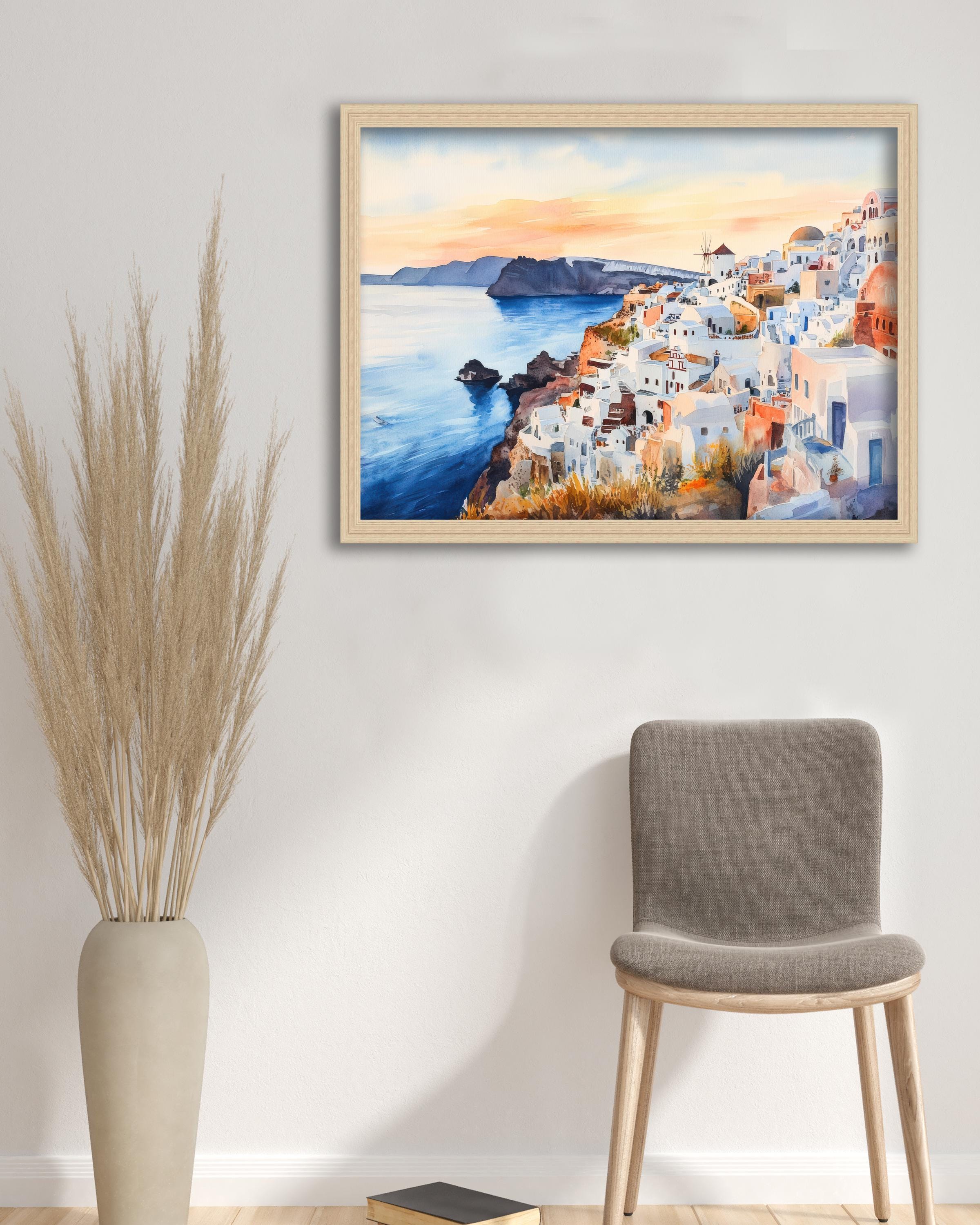 Santorini Watercolour Painting Poster Greece Wall Art Coastal Island Scene Print Gift for Europe Lovers and Fans of Scenic Greek