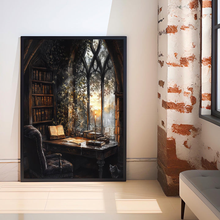 Gothic Study Art Print Dark Academia Wall Art Vintage Library Painting Moody Candlelit Interior Literary Home Decor