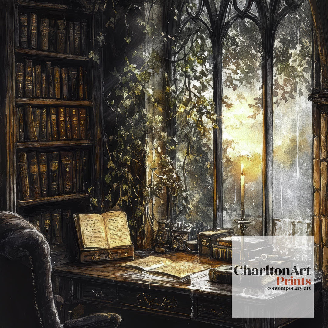 Gothic Study Art Print Dark Academia Wall Art Vintage Library Painting Moody Candlelit Interior Literary Home Decor