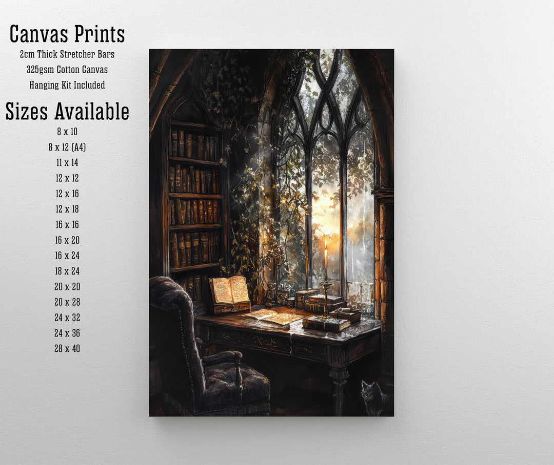 Gothic Study Art Print Dark Academia Wall Art Vintage Library Painting Moody Candlelit Interior Literary Home Decor