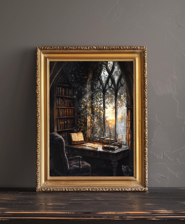 Gothic Study Art Print Dark Academia Wall Art Vintage Library Painting Moody Candlelit Interior Literary Home Decor