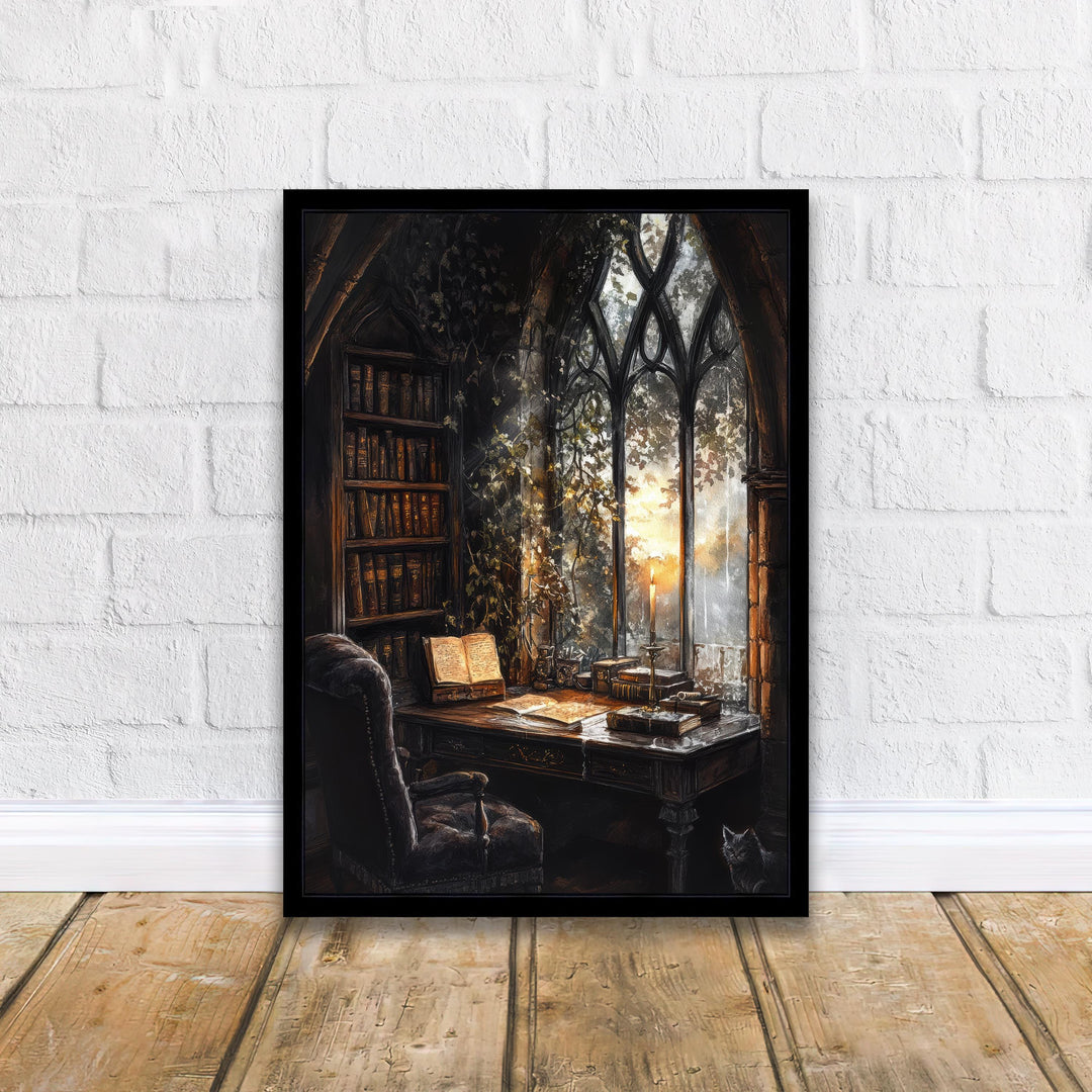 Gothic Study Art Print Dark Academia Wall Art Vintage Library Painting Moody Candlelit Interior Literary Home Decor