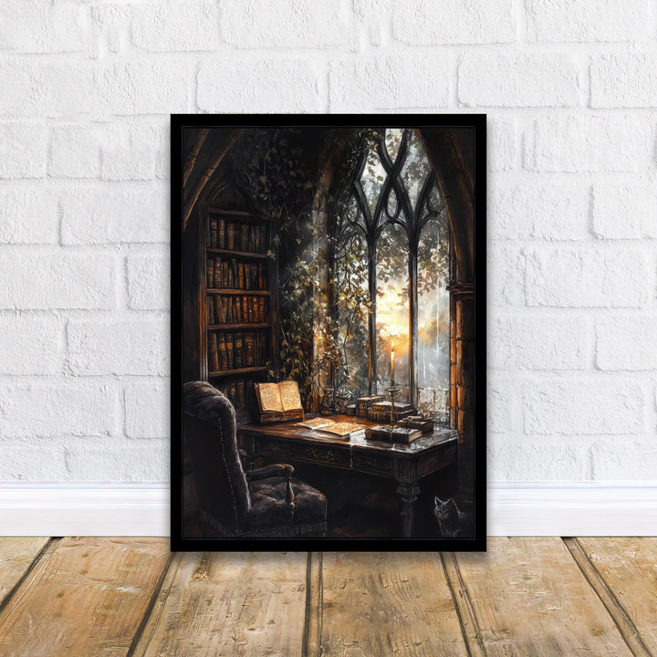Gothic Study Art Print Dark Academia Wall Art Vintage Library Painting Moody Candlelit Interior Literary Home Decor