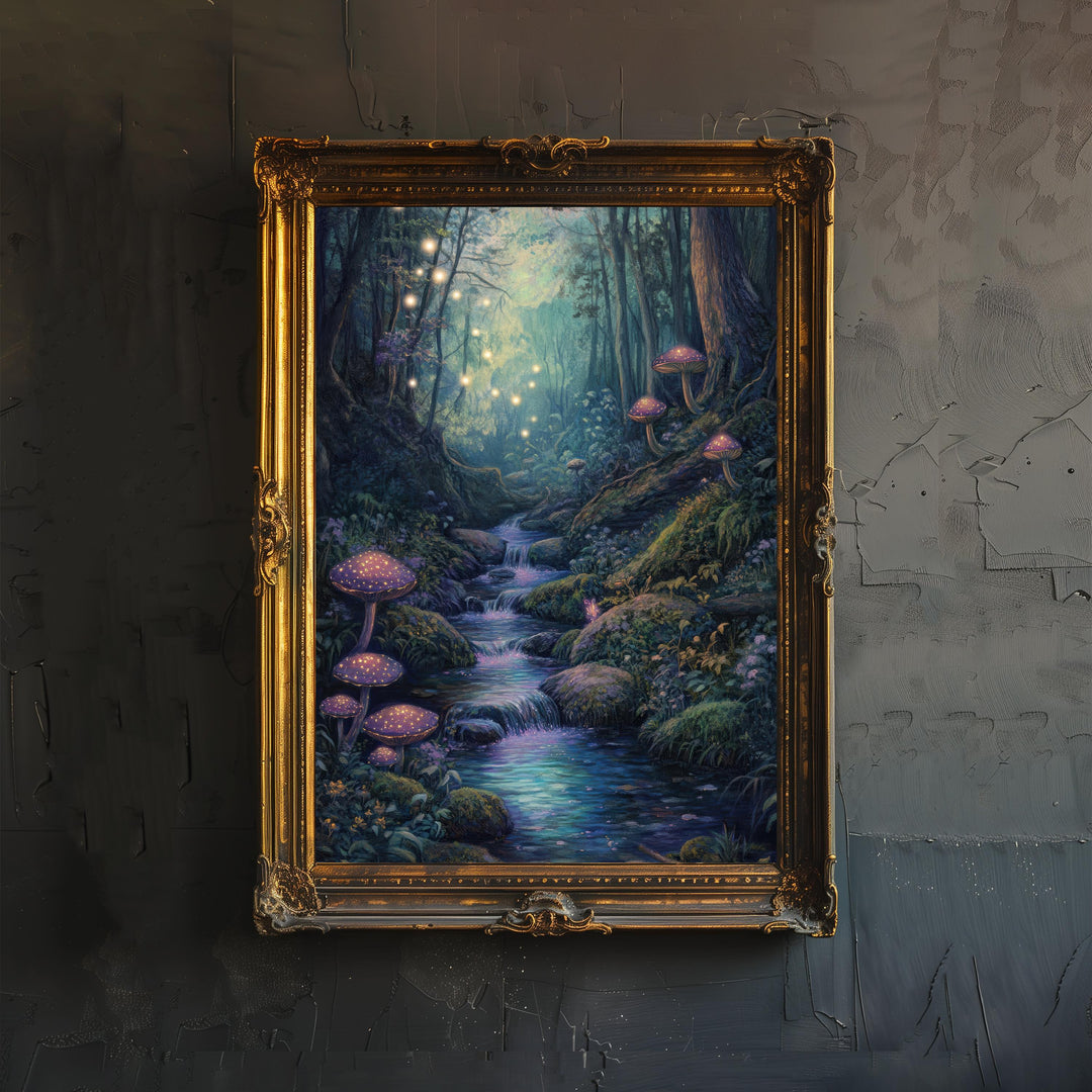 Glowing Stream Art Print Cottagecore Landscape Wall Art Enchanted Forest Painting Rustic Nature Scene Warm Home Decor