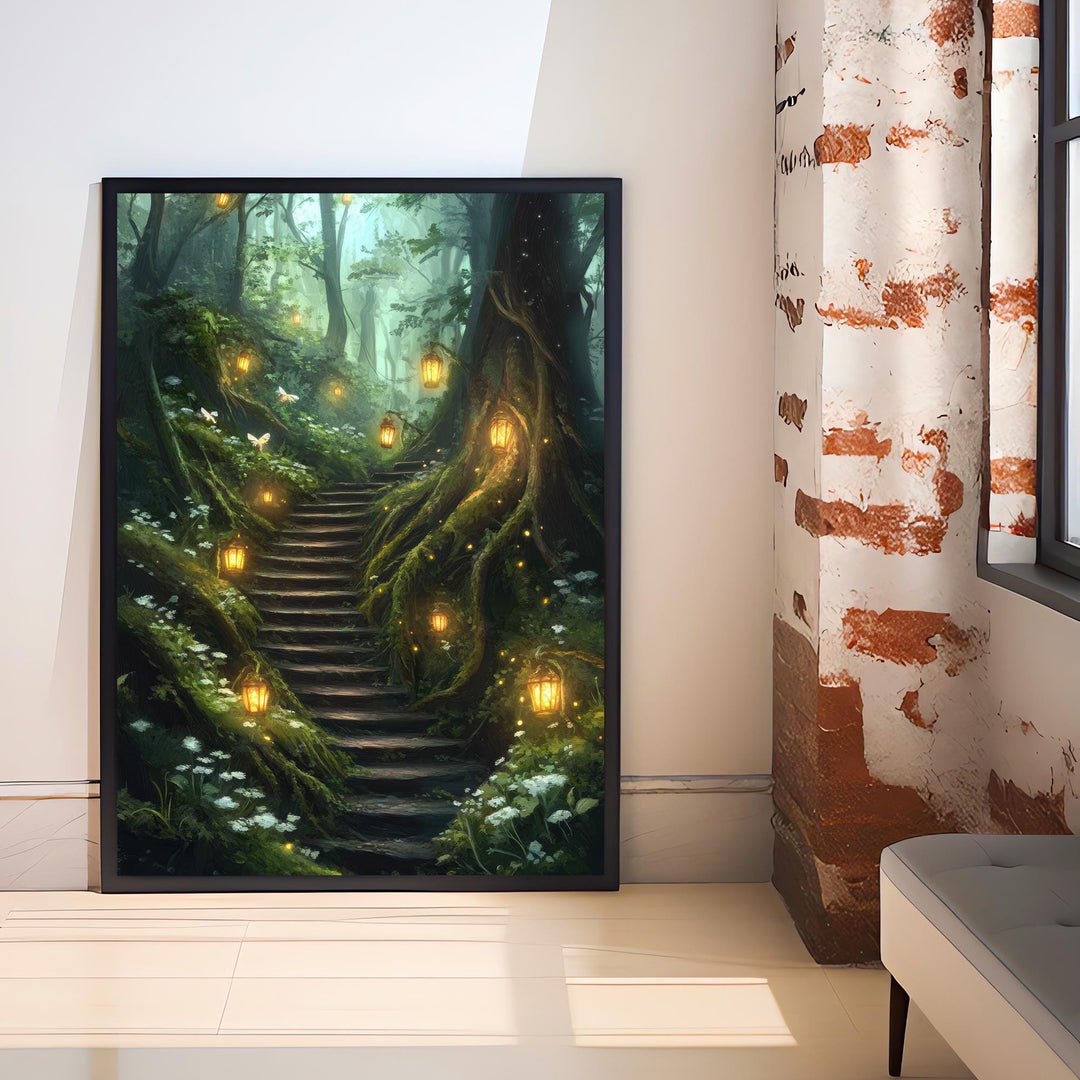 Forest Lantern Stairway Art Print Cottagecore Landscape Wall Art Enchanted Woodland Path Painting Rustic Nature Decor