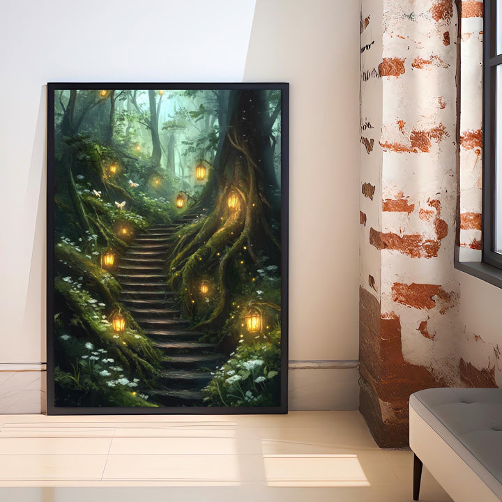 Forest Lantern Stairway Art Print Cottagecore Landscape Wall Art Enchanted Woodland Path Painting Rustic Nature Decor