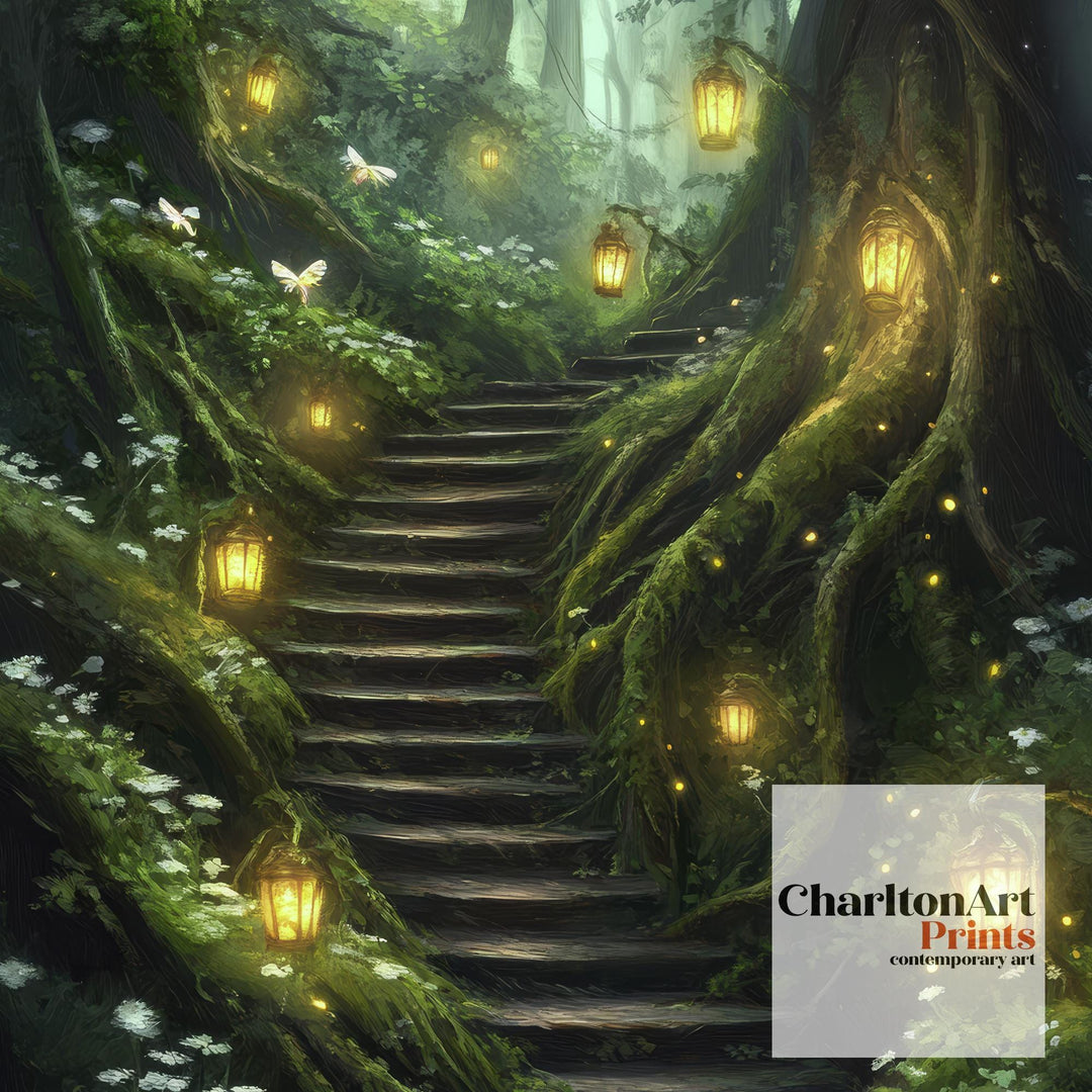 Forest Lantern Stairway Art Print Cottagecore Landscape Wall Art Enchanted Woodland Path Painting Rustic Nature Decor