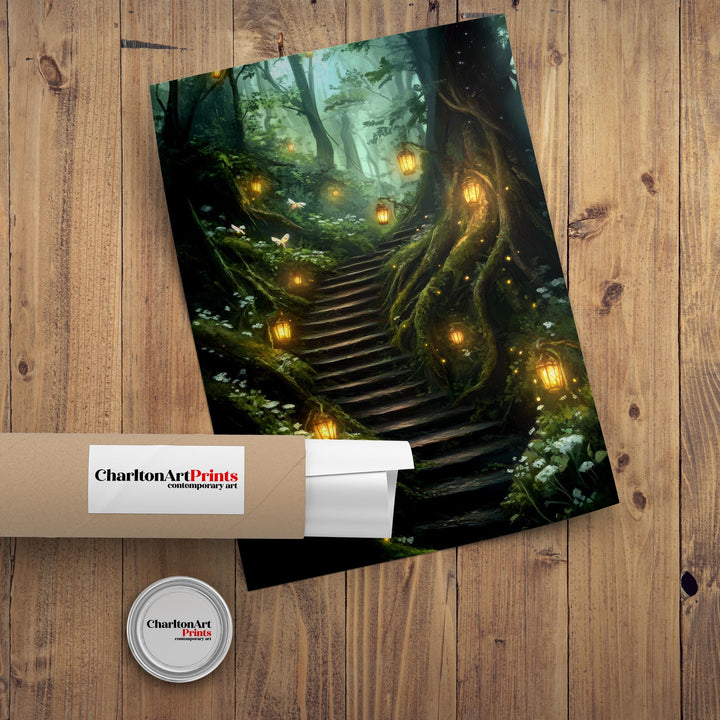 Forest Lantern Stairway Art Print Cottagecore Landscape Wall Art Enchanted Woodland Path Painting Rustic Nature Decor