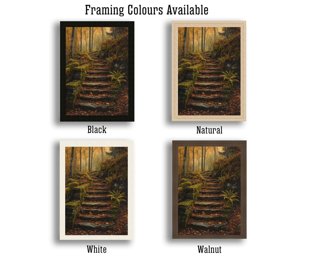 Mossy Stairway Into Wild Wood Art Print Cottagecore Landscape Wall Art Enchanted Forest Path Painting Rustic Nature Decor