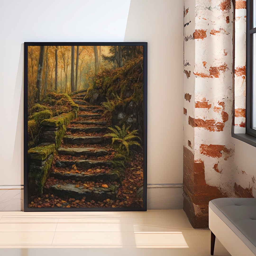 Mossy Stairway Into Wild Wood Art Print Cottagecore Landscape Wall Art Enchanted Forest Path Painting Rustic Nature Decor