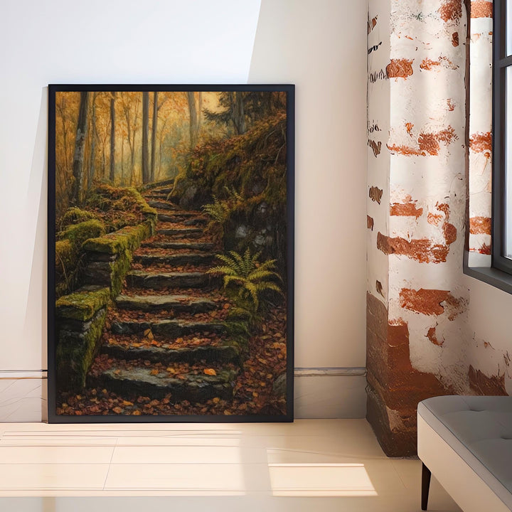 Mossy Stairway Into Wild Wood Art Print Cottagecore Landscape Wall Art Enchanted Forest Path Painting Rustic Nature Decor