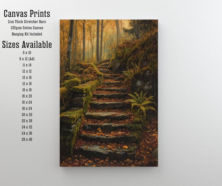 Mossy Stairway Into Wild Wood Art Print Cottagecore Landscape Wall Art Enchanted Forest Path Painting Rustic Nature Decor