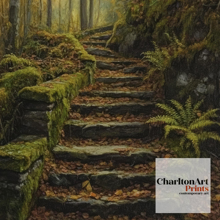 Mossy Stairway Into Wild Wood Art Print Cottagecore Landscape Wall Art Enchanted Forest Path Painting Rustic Nature Decor